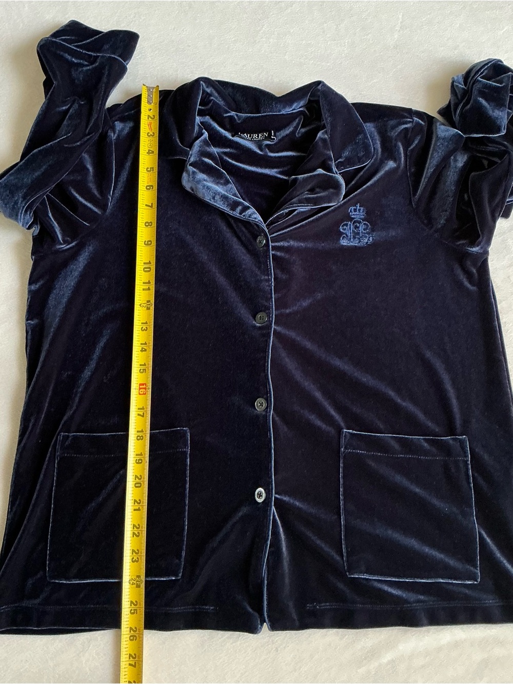 Lauren Ralph Lauren Navy Blue Velvet Pajama Top Notch Collar Shirt L - Picture 13 of 14